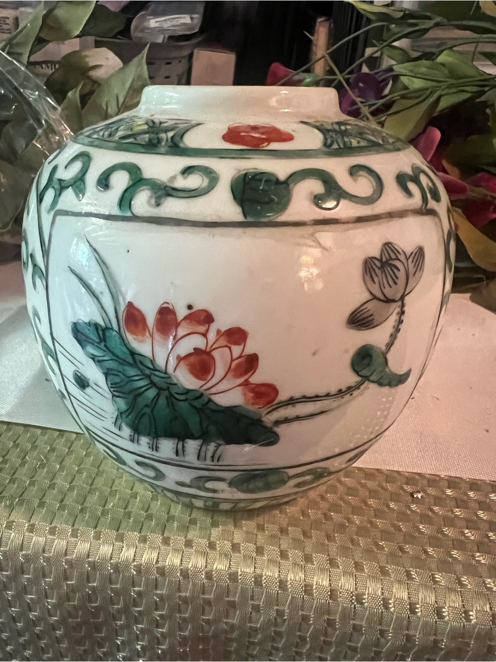 Hand-Painted Ceramic vase with Lotus Motif - White, Green, Red